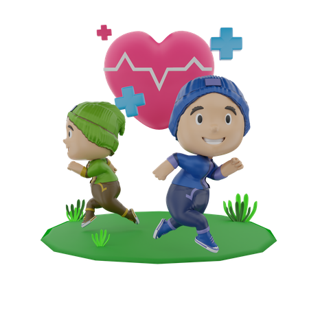 Niños corriendo en el día de la salud.  3D Illustration