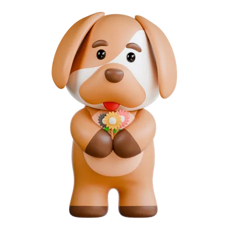 Le chien apporte des fleurs  3D Illustration