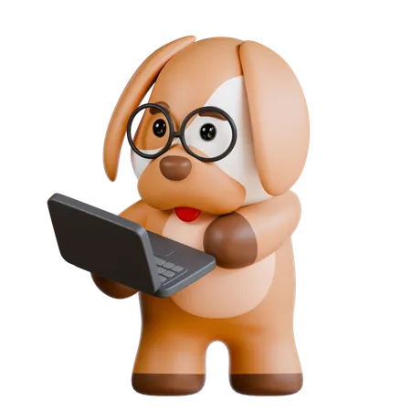 Le chien apporte un ordinateur portable  3D Illustration