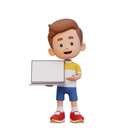 Child Boy Holding And Presenting To Laptop With Empty Screen  3D Icon