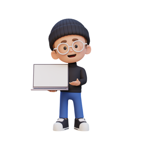 Child Boy Holding And Presenting To Laptop With Empty Screen  3D Icon