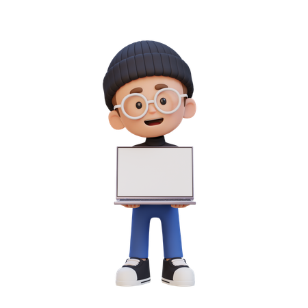 Child Boy Holding And Presenting To Laptop With Empty Screen  3D Icon