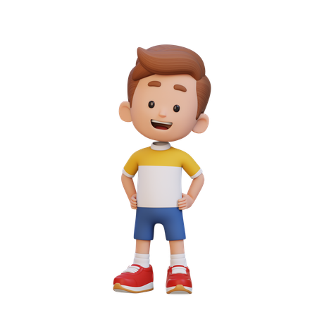 腰に手を当てて自信に満ちたポーズをとる男の子  3D Illustration