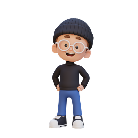 腰に手を当てて自信に満ちたポーズをとる男の子  3D Illustration
