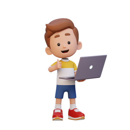 Child Boy Showing Thumb Up While Holding Laptop  3D Icon