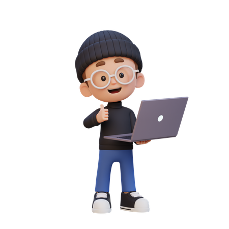 Child Boy Showing Thumb Up While Holding Laptop  3D Icon