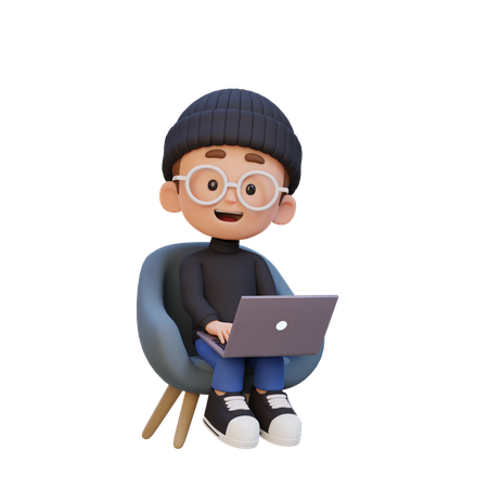 Child Boy Working On Laptop  3D Icon