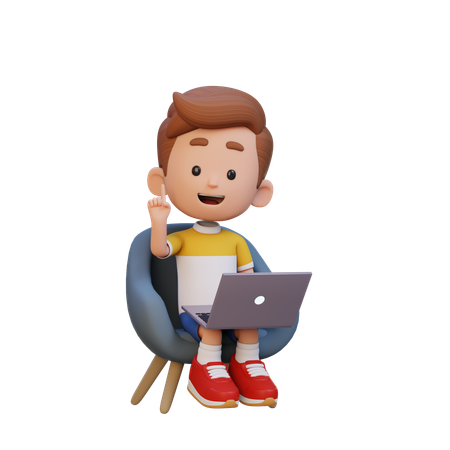 Child Boy Working On Laptop While Pointing Up  3D Icon