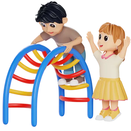 ハーフムーンクライマーで遊ぶ子供たち  3D Illustration