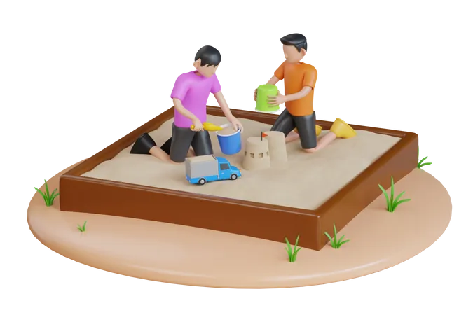 Children Playing In The Sandbox Sand Pit Childrens Playground Builds Castles From Sand Childrens Playground 3 D Illustration 3D Illustration