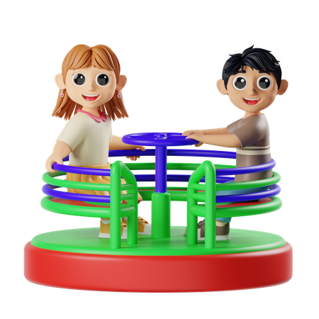 メリーゴーランドで遊ぶ子供たち  3D Illustration