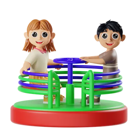 メリーゴーランドで遊ぶ子供たち  3D Illustration