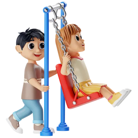 Children Playing On Swings  3D Illustration