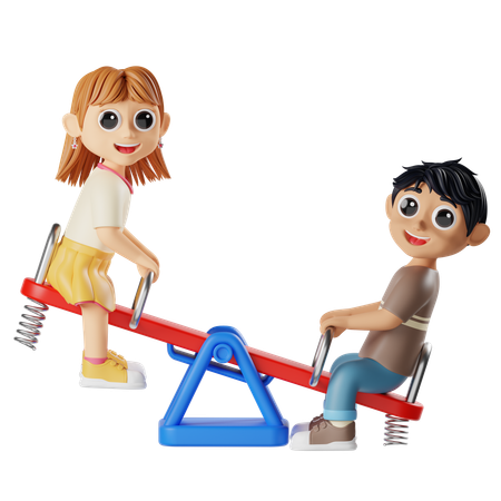 Children Playing Seesaw  3D Illustration