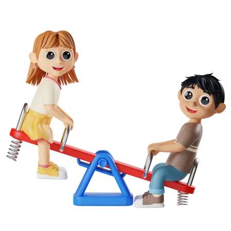 Children Playing Seesaw  3D Illustration