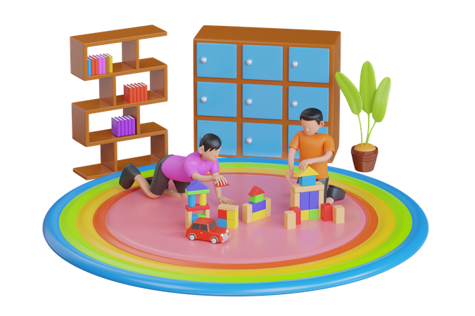 Children playing with colorful toy blocks  3D Illustration