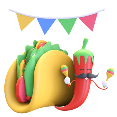 Chile Rojo Tocando Maracas En Una Fiesta Con Tacos Ilustracion 3 D 3D Illustration
