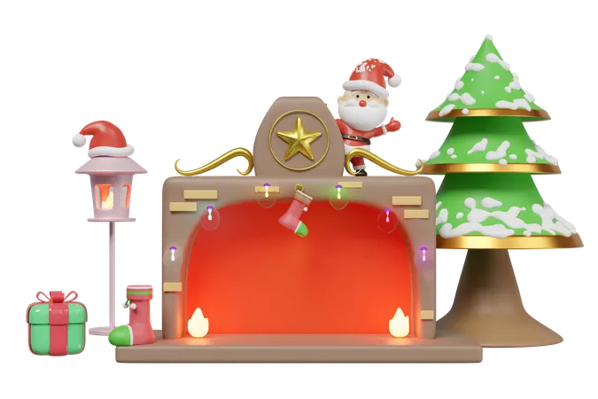 Chimenea con Papá Noel  3D Illustration