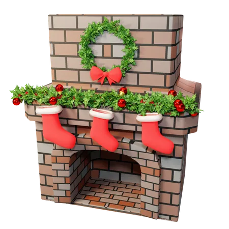 Chimenea navideña decorada con medias.  3D Illustration
