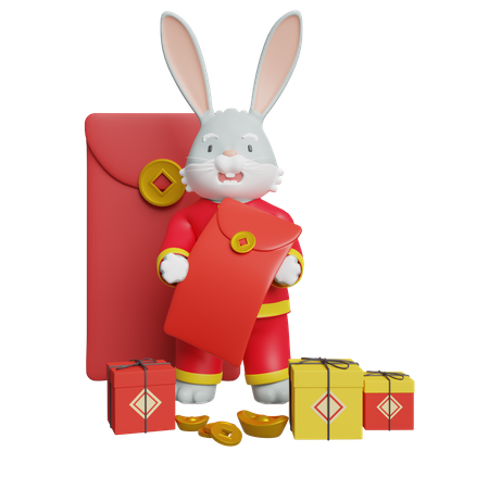 Chine Bunny Célébration Du Nouvel An Avec Lapin Et Boîte Cadeau  3D Illustration