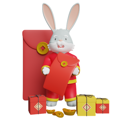 Chines Bunny Celebration New Year With Rabbit And Gift Box  3D Illustration