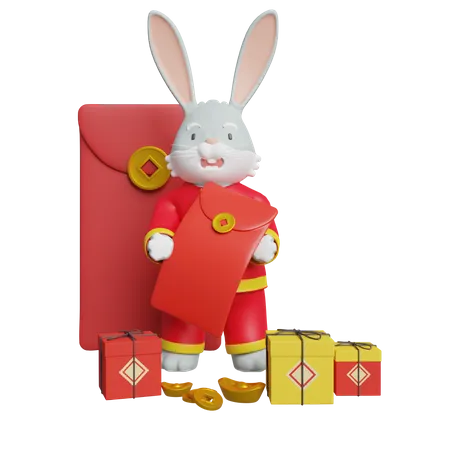 Chines Bunny Celebration New Year With Rabbit And Gift Box  3D Illustration