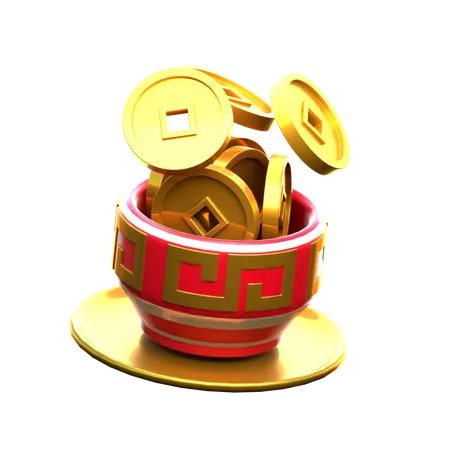Chinese Bowl With Gold Coins  3D Icon