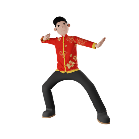 Chinese Boy Doing Kungfu  3D Illustration