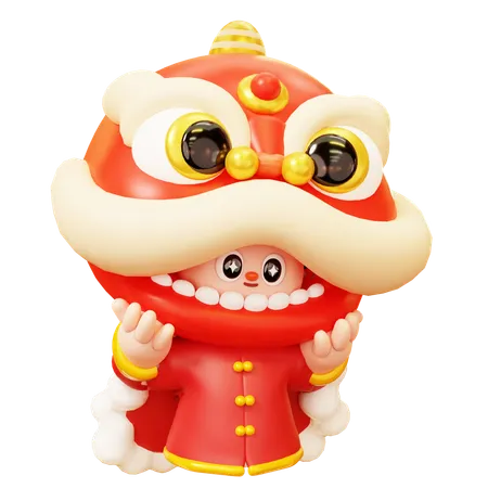 Cute Cartoon 3 D Character Chinese Boy In Red Traditional Chinese Costume Doing Lion Dancing Joy In Parade Happy Lunar New Year Tradition Chinatown And Chinese New Year Tradition 3D Illustration