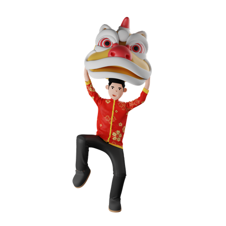 Chinese Boy Doing Lion Dance  3D Illustration