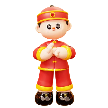 Cute Cartoon 3 D Character Chinese Boy In Red Traditional Chinese Costume Greeting Gong Xi Fa Chai Happy Lunar New Year Tradition Chinatown And Chinese New Year Tradition 3D Illustration