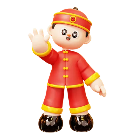 Cute Cartoon 3 D Character Chinese Boy In Red Traditional Chinese Costume Greeting Happy Lunar New Year Tradition Chinatown And Chinese New Year Tradition 3D Illustration