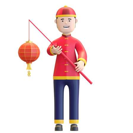 Chinese boy holding Chinese lantern 3D Illustration