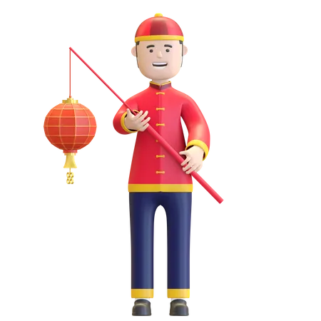 Chinese boy holding Chinese lantern  3D Illustration