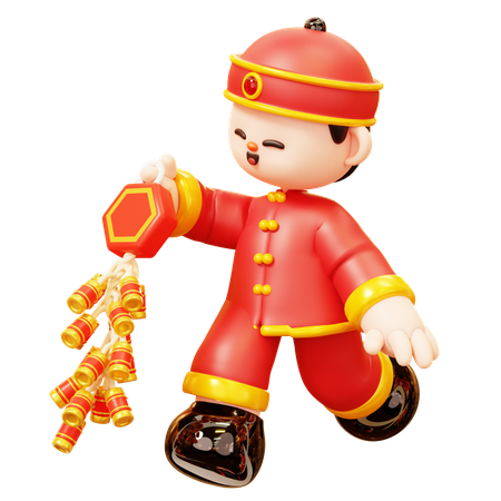 Chinese Boy Holding Firecrackers  3D Illustration