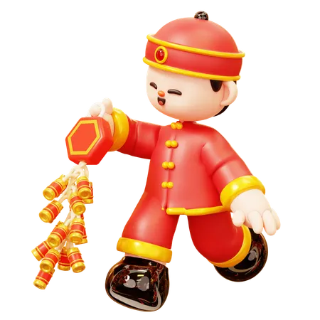 Cute Cartoon 3 D Character Chinese Boy In Red Traditional Chinese Costume Holding Hanging Firecrackers Happy Lunar New Year Tradition Chinatown And Chinese New Year Tradition 3D Illustration
