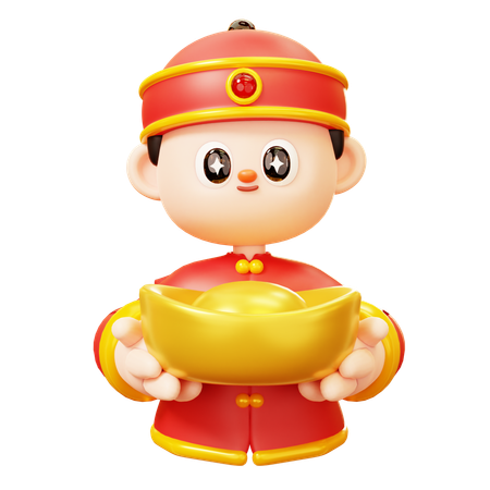 Chinese Boy Holding Gold Ingot  3D Illustration