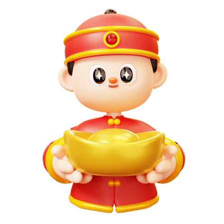 Chinese Boy Holding Gold Ingot  3D Icon