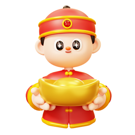 Chinese Boy Holding Gold Ingot  3D Illustration