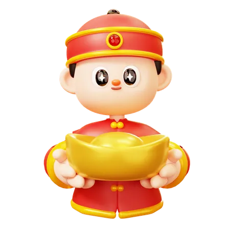 Chinese Boy Holding Gold Ingot  3D Illustration