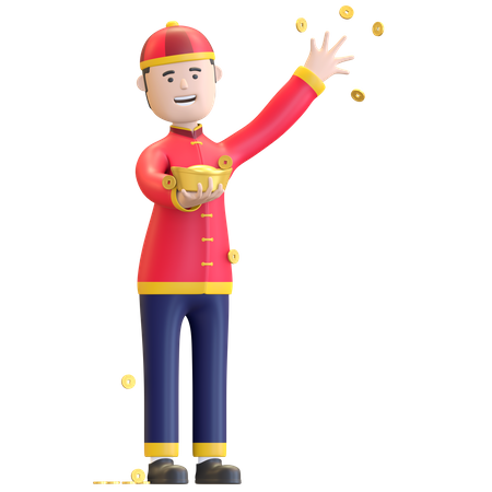 Chinese boy holding gold ingot  3D Illustration