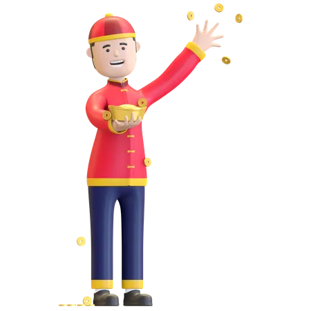 Chinese boy holding gold ingot  3D Illustration