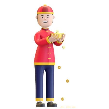 Chinese Boy holding Chinese ingot  3D Illustration