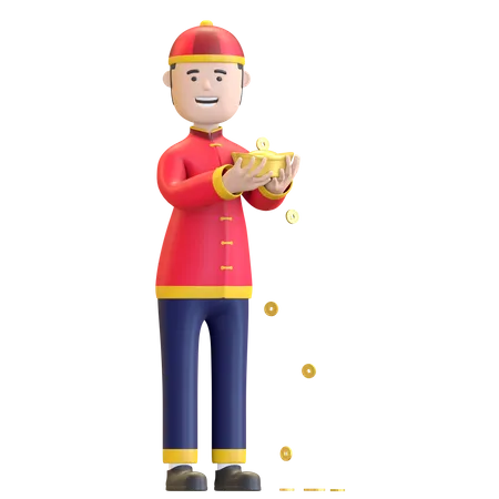 Chinese Boy holding Chinese ingot  3D Illustration