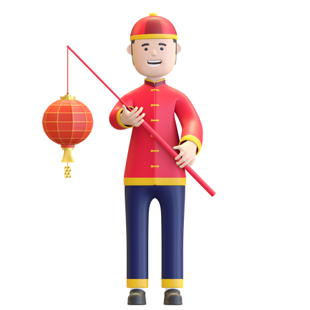 Chinese boy holding Chinese lantern  3D Illustration