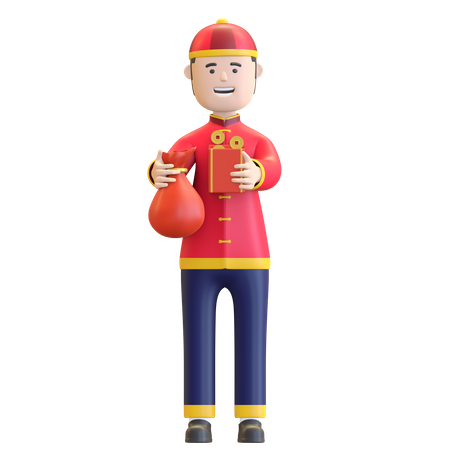 Chinese Boy holding sack of money  3D Icon