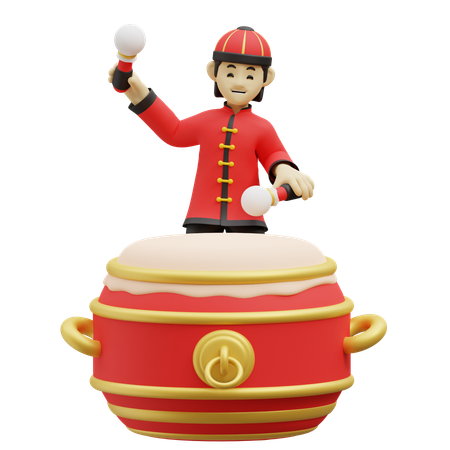 Chinese Boy Is Beating Drum  3D Illustration