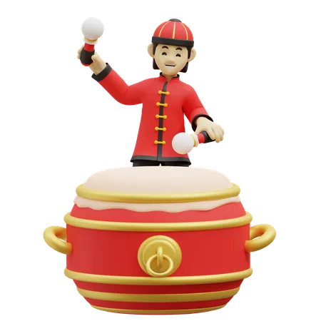 Chinese Boy Is Beating Drum  3D Illustration