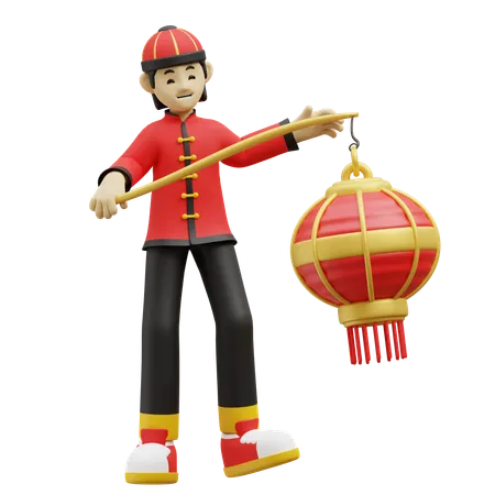 Chinese Boy Is Blowing Red Lantern  3D Illustration