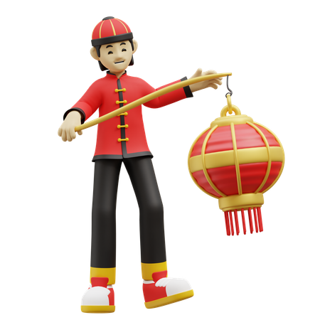 Chinese Boy Is Blowing Red Lantern  3D Illustration